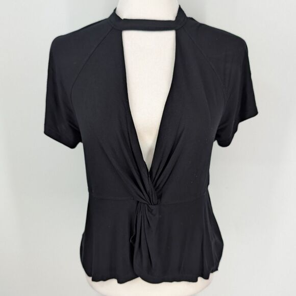 Free People Black Flutter Sleeve V-Neck Cutout Just A Twist Tee Blouse Top Small - Picture 5 of 9